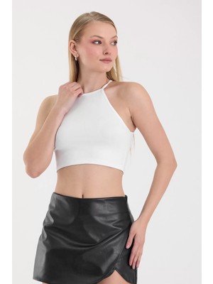 Lamodemapass Kadın Beyaz Bisiklet Yaka Crop Top BLZ-00187