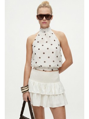 Ritnice Kadın Judy Boyundan Bağlamalı Sırt Lastikli Puantiyeli Dokuma Ekru Bluz