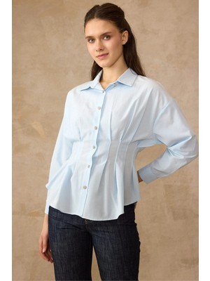 Olcay Pens Detaylı Bele Oturan Pamuklu Gömlek Mavi 9451