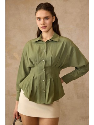 Olcay Pens Detaylı Bele Oturan Pamuklu Gömlek Yeşil 9451