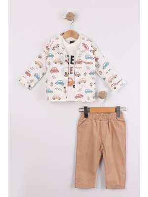 Joy Kids Erkek Bebek Uzun Kollu Müslin Gömlek Keten Pantolon (9-24AY) (Beyaz-Kahve)