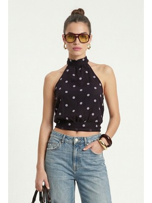 Ritnice Kadın Judy Boyundan Bağlamalı Sırt Lastikli Puantiyeli Dokuma Acı Kahve Bluz