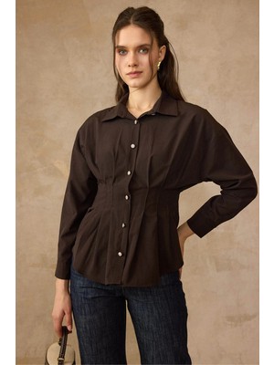 Olcay Pens Detaylı Bele Oturan Pamuklu Gömlek Kahve 9451