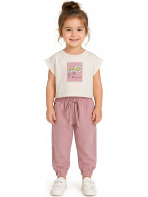 Ant Girl Kız Çocuk Papatya Desenli Tişört Aerobin Pantolonlu Gül Kurusu Renk İkili Takım
