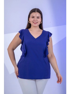 Roxxlen Kadın Büyük Beden Volanlı Bluz Indigo