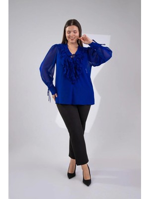 Roxxlen Kadın Büyük Beden Yaka Volanlı Şifon Bluz