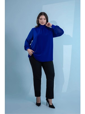 Roxxlen Büyük Beden Kadın Boğazlı Şifon Bluz Saks