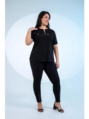 Roxxlen Büyük Beden Kadın Yaka Fermuarlı Bluz Siyah