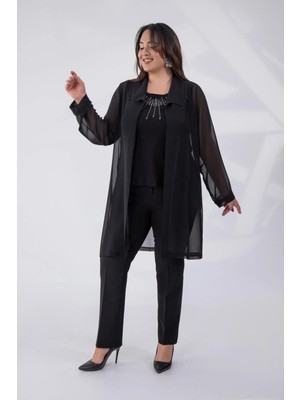 Roxxlen Kadın Büyük Beden Yakası Taşlı 2'li Abiye Bluz Siyah