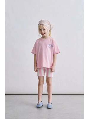 Magu Kız Çocuk Pamuklu Pembe Yazı Baskılı Tişört Tayt Takım