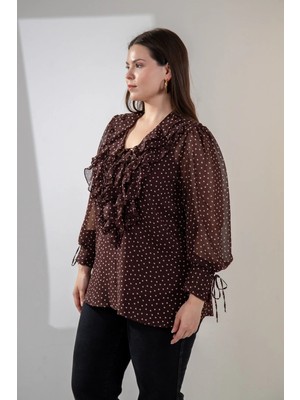 Roxxlen Büyük Beden Kadın V Yaka Fırfırlı Bluz Lila