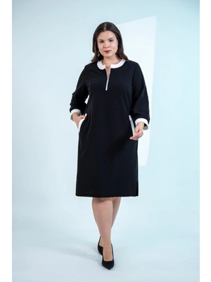 Roxxlen 1213018 Büyük Beden Yaka Fermuarlı Garnili Elbise Siyah