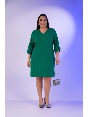 Roxxlen Büyük Beden Kadın Kol Detaylı V Yaka Elbise