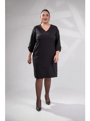 Roxxlen Büyük Beden Kadın Kol Detaylı V Yaka Elbise Siyah