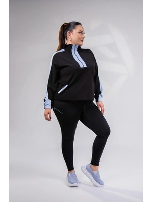 Roxxlen Büyük Beden Kadın Fermuarlı Saten Garnili Sweat Mavi