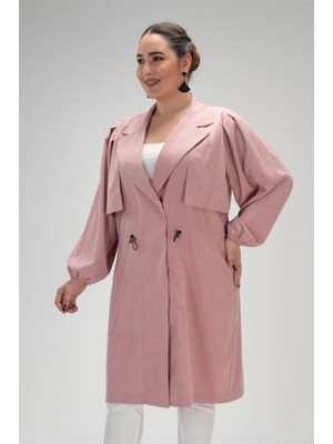 Roxxlen Kadın Büyük Beden 121774 Ceket Yaka Trençkot Pudra