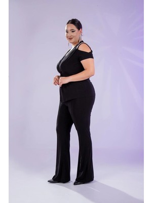 Roxxlen Büyük Beden 1222372 Omuzu Taşlı Takım Siyah