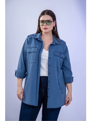 Roxxlen Büyük Beden Kadın Gabardin Cep Detaylı Gömlek Lacivert