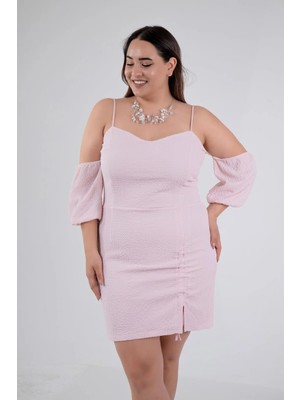 Roxxlen 112046 Kadın Büyük Beden Yaka- Kol Detaylı Elbise Pudra