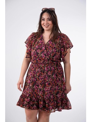 Roxxlen Büyük Beden Kadın Kolu Eteği Volanlı Elbise Pembe Çiçekli