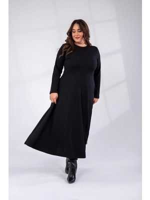 Roxxlen Büyük Beden Kadın Uzun Triko Elbise Siyah