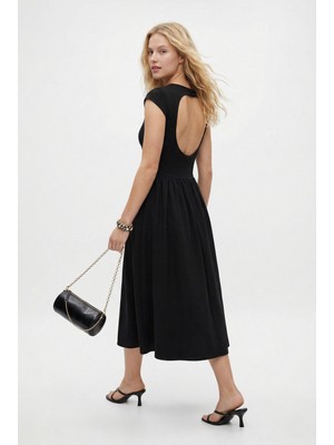 Ritnice Kadın Verano Astarlı Sırt Dekolteli Kayık Yaka Midi Dokuma Siyah Elbise