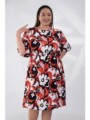 Roxxlen Büyük Beden Beli ve Kolu Lastikli Elbise Kiremit