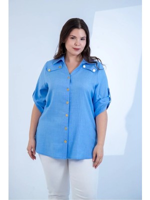 Roxxlen Büyük Beden Kadın V Yaka Düğmeli Gömlek