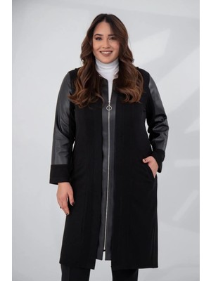 Roxxlen Kadın Büyük Beden Fermuarlı Kap Siyah