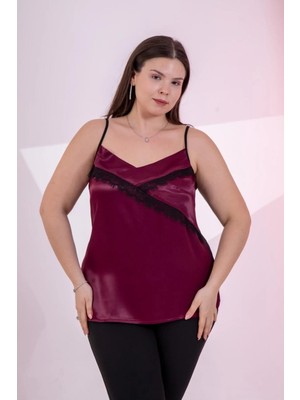 Roxxlen Kadın Büyük Beden Dantelli Saten Askılı Bluz