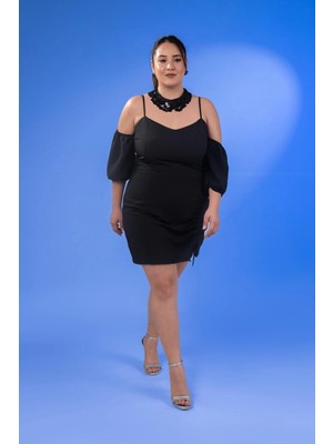 Roxxlen 112046 Kadın Büyük Beden Yaka- Kol Detaylı Elbise Siyah