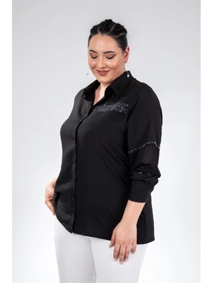 Roxxlen Büyük Beden Kadın Taş Detaylı Gömlek Siyah