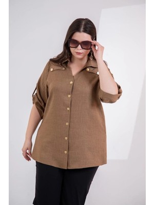 Roxxlen Büyük Beden Kadın V Yaka Düğmeli Gömlek