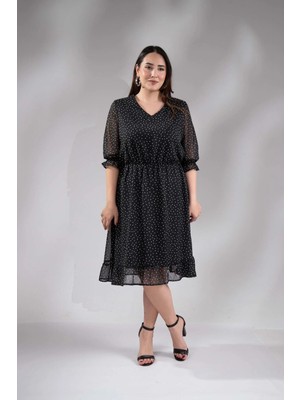 Roxxlen 1112047 Puantiyeli Şifon Elbise Siyah