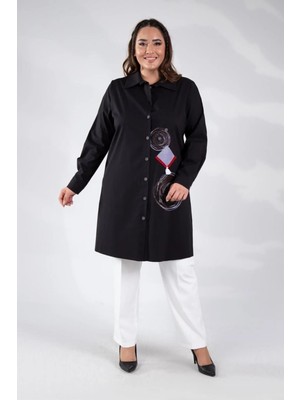 Roxxlen Kadın Büyük Beden Önü Işlemeli Gömlek Siyah