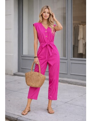 Barbora Keten Kadın V Yaka Tek Sıra Düğmeli Kolsuz Fuşya Tulum
