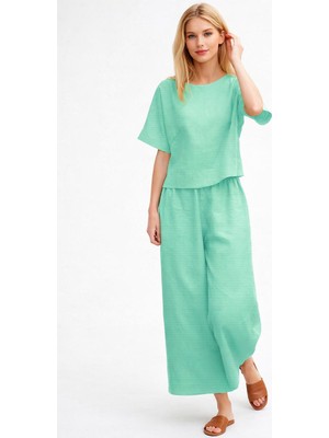Barbora Günlük Rahat Beli Lastikli Kadın Su Yeşili Keten Ikili Takım Alt Üst