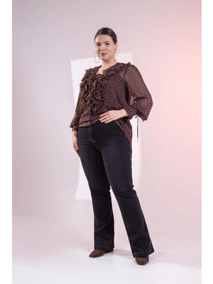 Roxxlen Büyük Beden Kadın Hardal Dikişli Spain Denim Siyah Pantolon