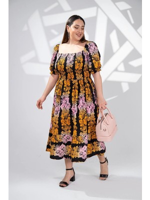 Roxxlen Büyük Beden Beli ve Kolu Lastikli Elbise Turuncu-Pembe