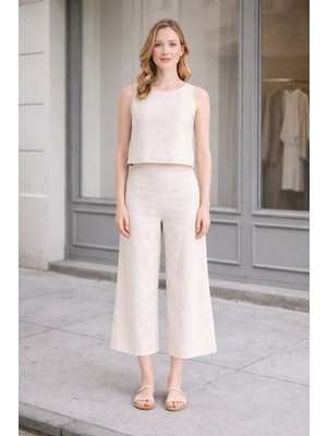 Barbora Keten Yazlık Yüksel Bel Capri Pantolon Sırt Detaylı Kolsuz Ikili Takım