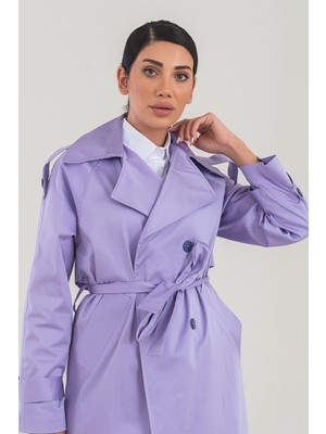 Sahra Çeyiz Nakış SahraAfra Kadın Oversize Lila Trençkot %65 Pamuk Ceket Yaka Modern Tasarım