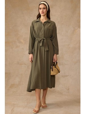 Olcay Beli Büzgülü Düğme Kapamalı Modal Elbise Haki 9452-E
