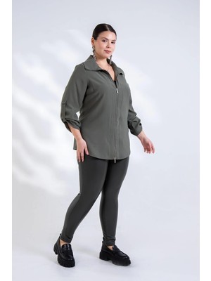Roxxlen Büyük Beden Kadın Fermuar Detaylı Ceket Siyah
