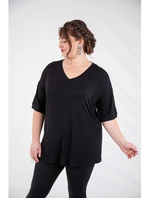 Roxxlen Büyük Beden Kadın Sırt Detaylı Bluz Siyah