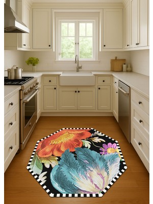 Brillant Sekizgen Dama Desen Çiçekli Lateks Taban Halı