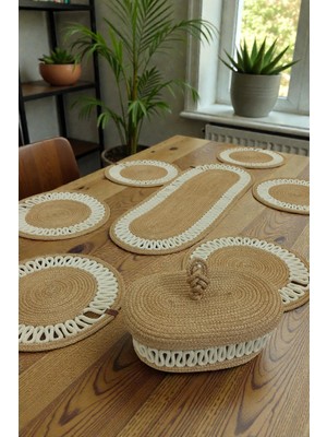 Zeora Home Hasır Görünümlü Amerikan Servis Takımı 8’li Bej Krem Örgü Supla Seti Doğal Bohem Masa Dekoru