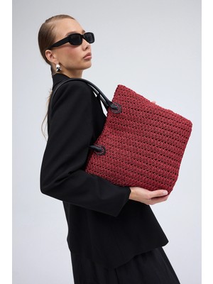 Segnante El Yapımı Astarlı Hasır Çanta Bordo Siyah