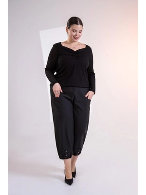 Roxxlen Büyük Beden Kadın Paça Düğme Detaylı Pantolon Siyah