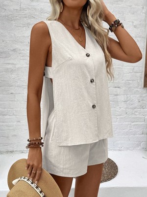 Barbora Keten Dekolteli Kolsuz Bluz Şort Ikili Takım