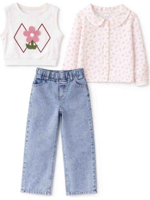 Kız Çocuk 3’lü Kombin Set (Crop Atlet + Gömlek + Jean Pantolon)